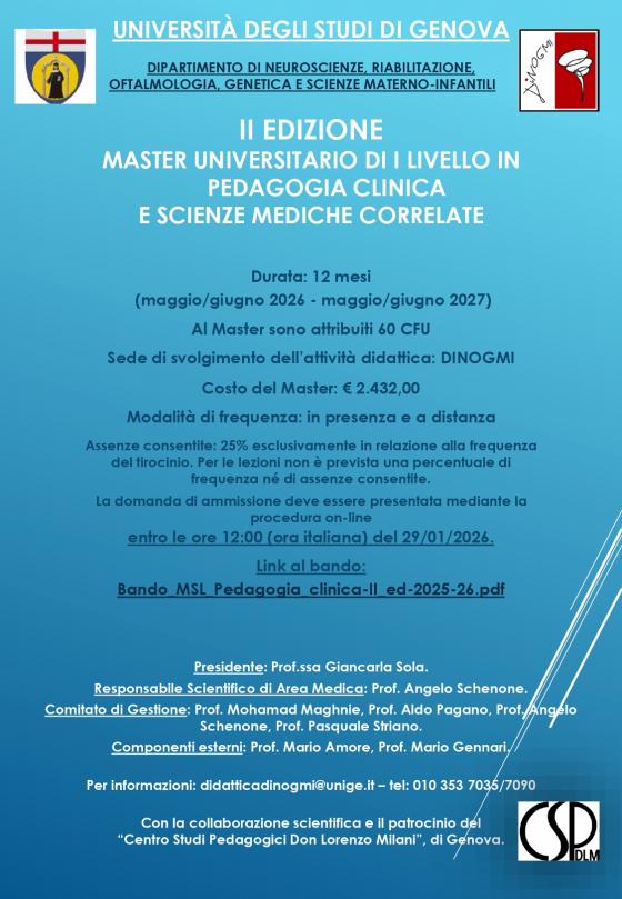 Locandina II edizione Master in Pedagogia Clinica e Scienze Mediche correlate